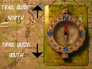 Up is North on this Trail Guide, Down is South.